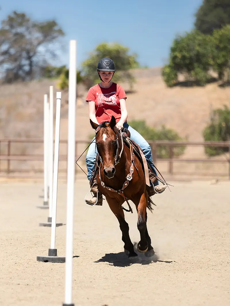 Young rider weaving poles